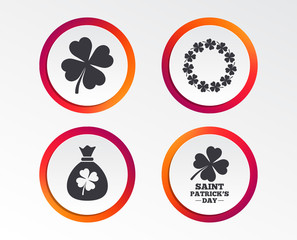 Saint Patrick day icons. Money bag with clover sign. Wreath of quatrefoil clovers. Symbol of good luck. Infographic design buttons. Circle templates. Vector