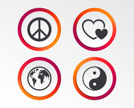 World globe icon. Ying yang sign. Hearts love sign. Peace hope. Harmony and balance symbol. Infographic design buttons. Circle templates. Vector