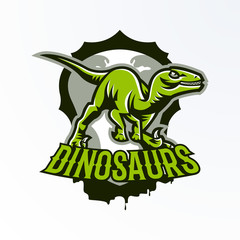 Emblem, badge, sticker, dinosaur logo on the hunt. Predator Jurassic, a dangerous beast, an extinct animal, a mascot. Lettering, shield, print. Vector illustration