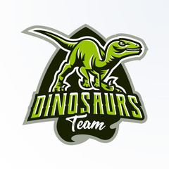 Emblem, badge, sticker, dinosaur logo on the hunt. Predator Jurassic, a dangerous beast, an extinct animal, a mascot. Lettering, shield, print. Vector illustration
