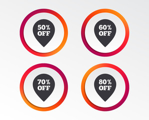 Sale pointer tag icons. Discount special offer symbols. 50%, 60%, 70% and 80% percent off signs. Infographic design buttons. Circle templates. Vector