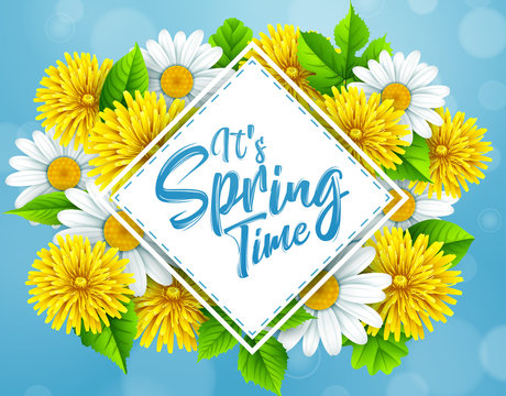 It's spring time banner with triangle frame and flower on blue sky background
