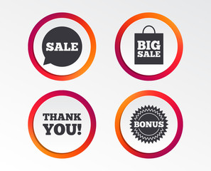 Obraz premium Sale speech bubble icon. Thank you symbol. Bonus star circle sign. Big sale shopping bag. Infographic design buttons. Circle templates. Vector