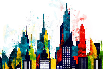 American City Buildings And Skyscrapers Watercolor Illustration