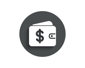 Shopping Wallet simple icon. Dollar sign. USD Money pocket symbol. Circle flat button with shadow. Vector