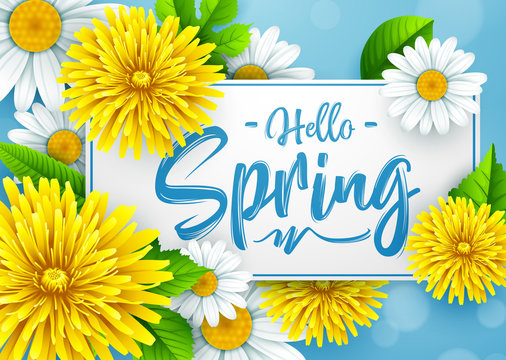 Hello Spring background with wreath, and frame paper rectangle 
