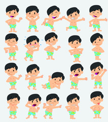 Cartoon character asian boy in a swimsuit. Set with different postures, attitudes and poses, doing different activities in isolated vector illustrations.