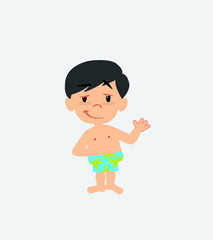 Asian boy in a swimsuit waving with a dreamy expression.