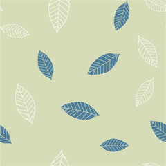 Seamless pattern with blue and beige leaves on green background, vector