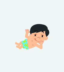 Asian boy in a swimsuit lying, greets with a dreamy expression.