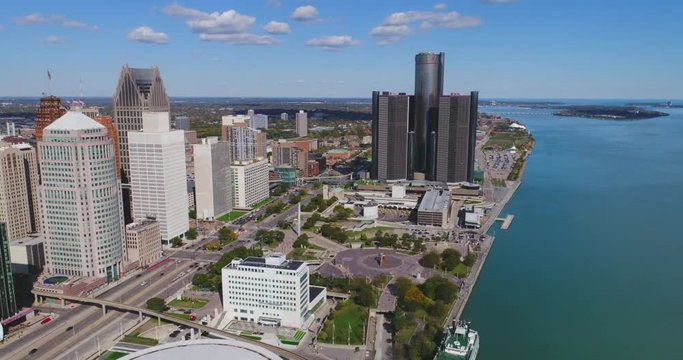 Detroit Waterfront Skyline Aerial Day 19
