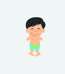 Asian boy in a swimsuit trying to contain the laughter.