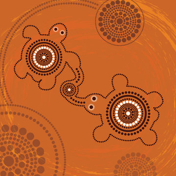 Connection concept, Aboriginal art vector painting with turtles. Illustration based on aboriginal style of dot background.