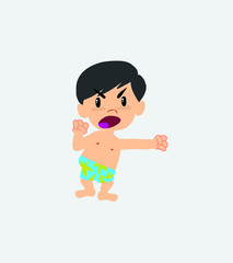 Asian boy in a swimsuit screams very angry.