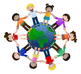 childrens united holding hand around the world on isolated