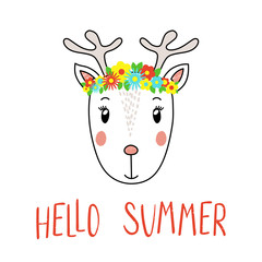 Hand drawn vector portrait of a cute funny reindeer with flowers, text Hello Summer. Isolated objects on white background. Vector illustration. Design concept for children.