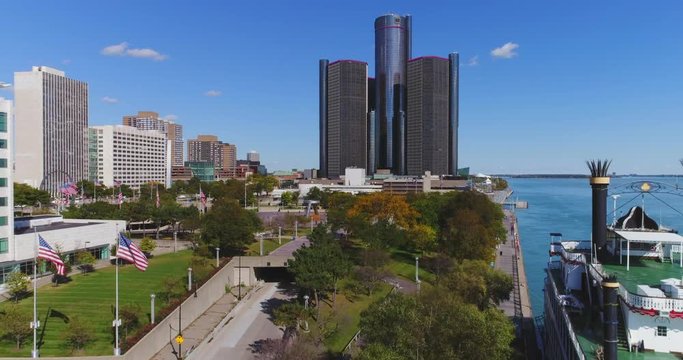 Detroit Waterfront Skyline Aerial Day