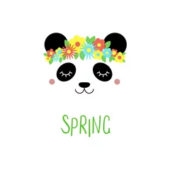 Tuinposter Hand drawn vector portrait of a cute funny panda with flowers, text Spring. Isolated objects on white background. Vector illustration. Design concept for children. © Maria Skrigan
