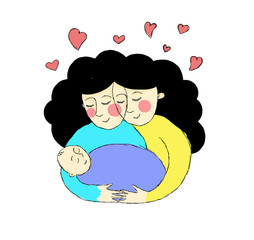 Doula-coebie supporting a young mother. Care, support. Drawing, illustrations