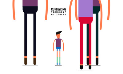 Comparing to others. stop comparing. sad boy character standing amidst big people. motivational post for bloggers. vector illustration. eps 10.