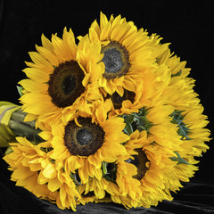 Bouquet of bright sunflowers against black background