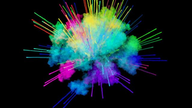 explosion of powder isolated on black background. 3d animation of particles as colorful background or overlays effects. Burst of rainbow colors powder for bright presentation like holi festival. 3