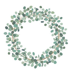 Round wreath with silver dollar eucalyptus. Healing Herbs for cards, wedding invitation, posters, save the date or greeting design.
