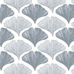 Hand drawn ginkgo leaves vector pattern in gray colors palette on a white background