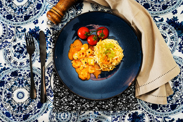Pasta with Scallops Dinner Dish on a the table