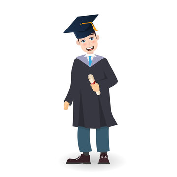 A young graduate man holding certificate or diploma scroll. Cartoon charcter illustration
