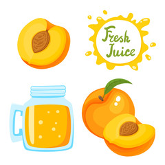 Vector set of fresh peach juice in bank and peaches