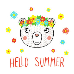Hand drawn vector portrait of a cute funny bear with flowers, text Hello Summer. Isolated objects on white background. Vector illustration. Design concept for children.
