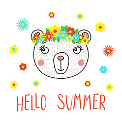 Fototapeta premium Hand drawn vector portrait of a cute funny bear with flowers, text Hello Summer. Isolated objects on white background. Vector illustration. Design concept for children.