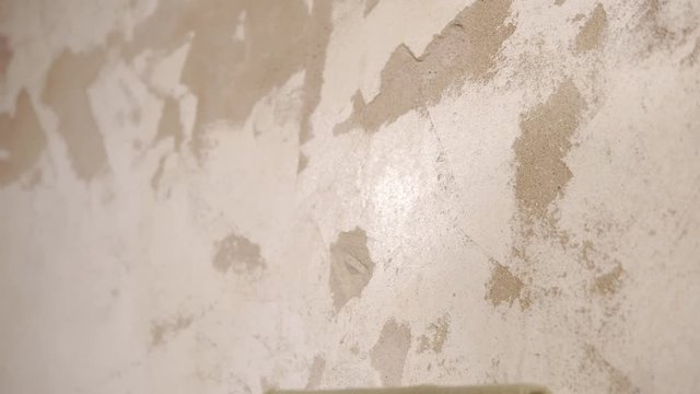 Master is covering a wall by primer for painting. Close-up of his hand holding a roller, moving over surface