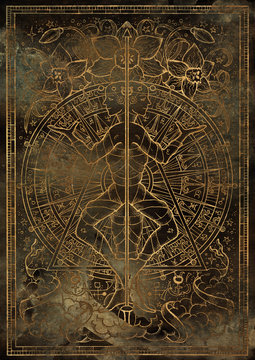 Zodiac sign Gemini on grunge texture background. Hand drawn fantasy graphic illustration in frame