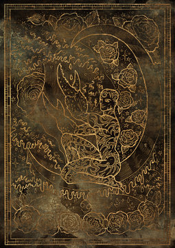 Zodiac sign Cancer on grunge texture background. Hand drawn fantasy graphic illustration in frame