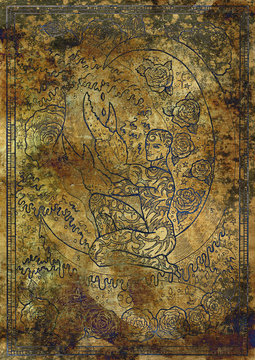 Zodiac sign Cancer on old fabric texture background. Hand drawn fantasy graphic illustration in frame
