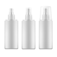 Set of white blank spray bottles with transparen cap.