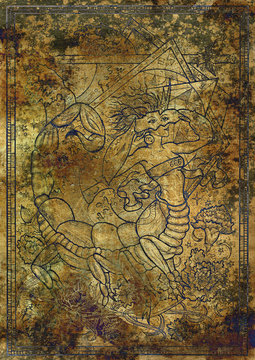 Zodiac sign Scorpion on old fabric texture background. Hand drawn fantasy graphic illustration in frame