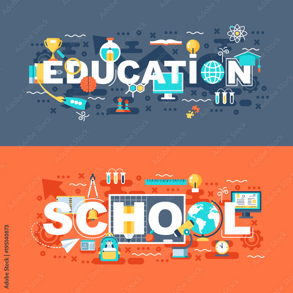 Poster online education and school set of flat concept. banners with slogan for website and graphic design.