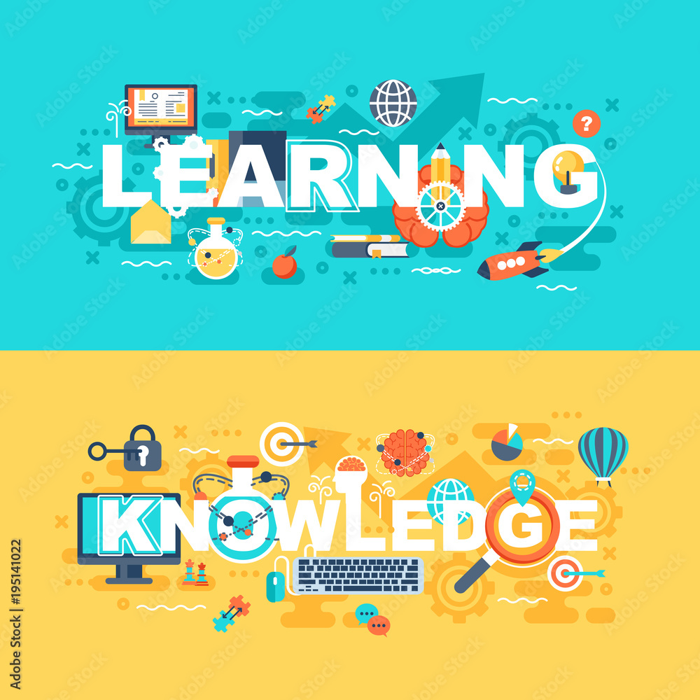 Poster Learning and knowledge set of flat concept. Banners with slogan for website and graphic design. Flat icons. Mobile and print media. Vector illustration.