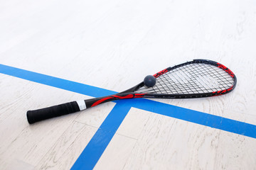 racquetball equipment on the court