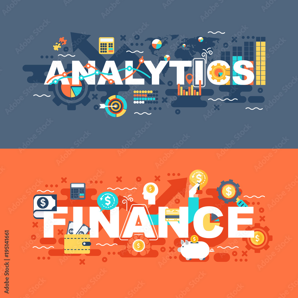 Aufkleber analytics and finance set of flat concept. banners with slogan for website and graphic design. flat 