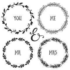 Hand drawn rustic vintage wreaths with lettering. Floral vector graphic. Nature design elements.