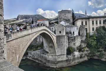 MOSATR BOSNIA HERZEGOVINA - AUGUST 15, 2014:  popular reconstructed Old Bridge .  15 August 2014 Mostar  Bosnia Herzegovina