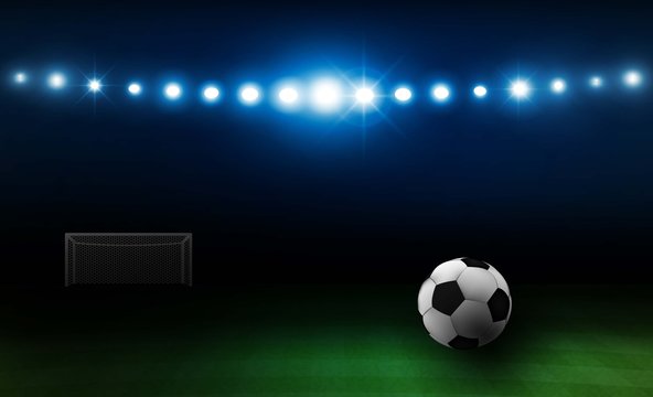 Football arena field with bright stadium lights design. Vector illumination