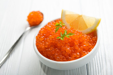 Red caviar with slice lemon
