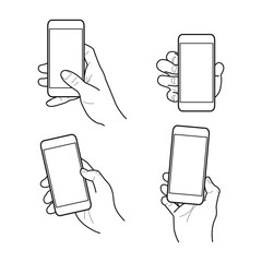 Hands collection, Vector illustration, Hand holding smartphone, Isolated, Outline, Doodle