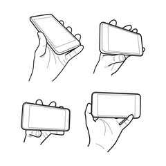 Hands collection, Vector illustration, Hand holding smartphone, Isolated, Outline, Doodle