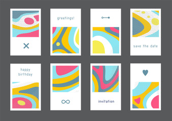 Set of creative universal geometric cards. Designs for prints, wedding, anniversary, birthday, Valentine's day, party invitations, posters, cards, etc. Vector. Isolated.